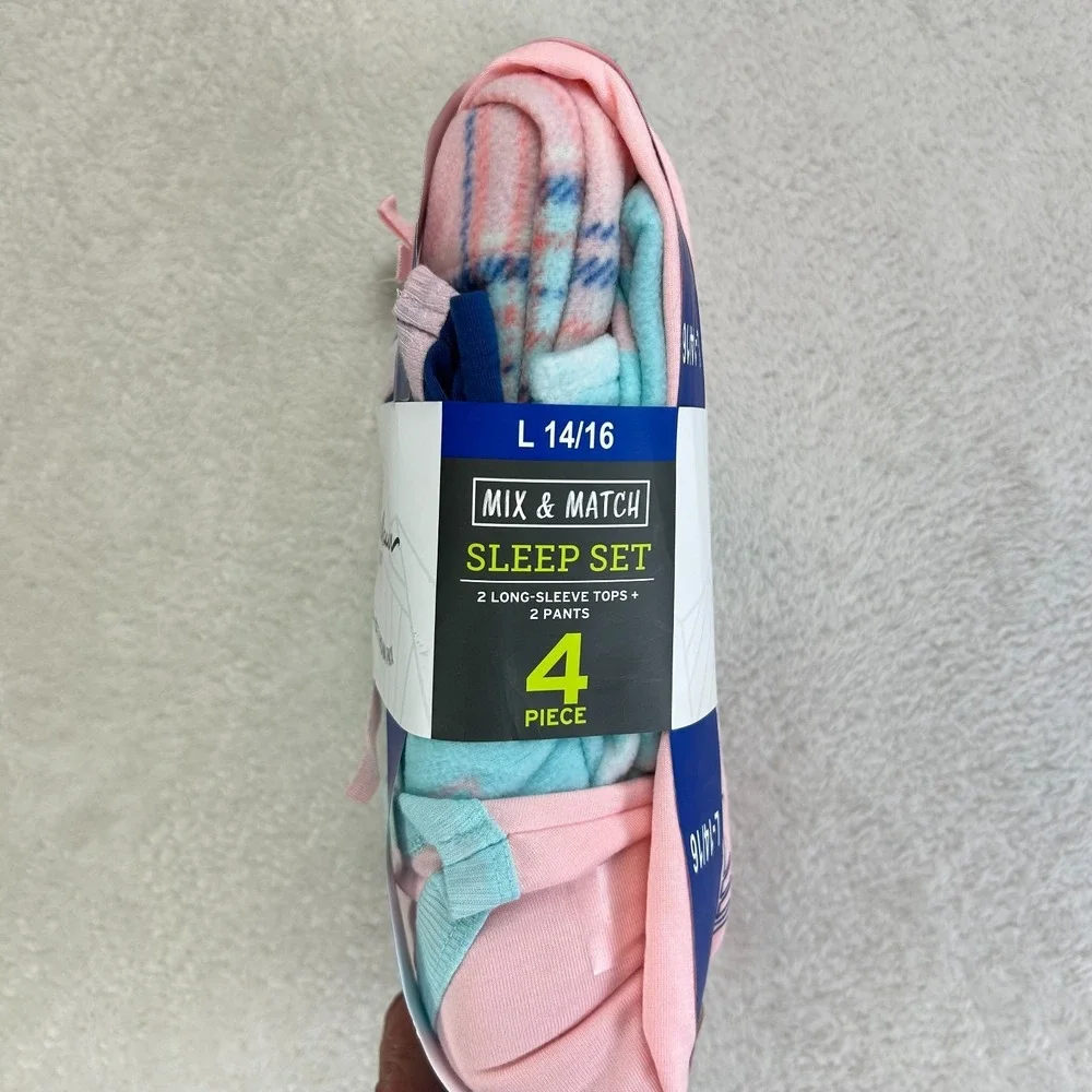 NWT Eddie Bauer Kids Pajama Set Girls L 14/16 Pink Blue Fleece 4 Piece Sleep Set